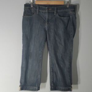 Bcbgmaxazria jeans women's size 31 blue cream / tan accent stitching capri crop